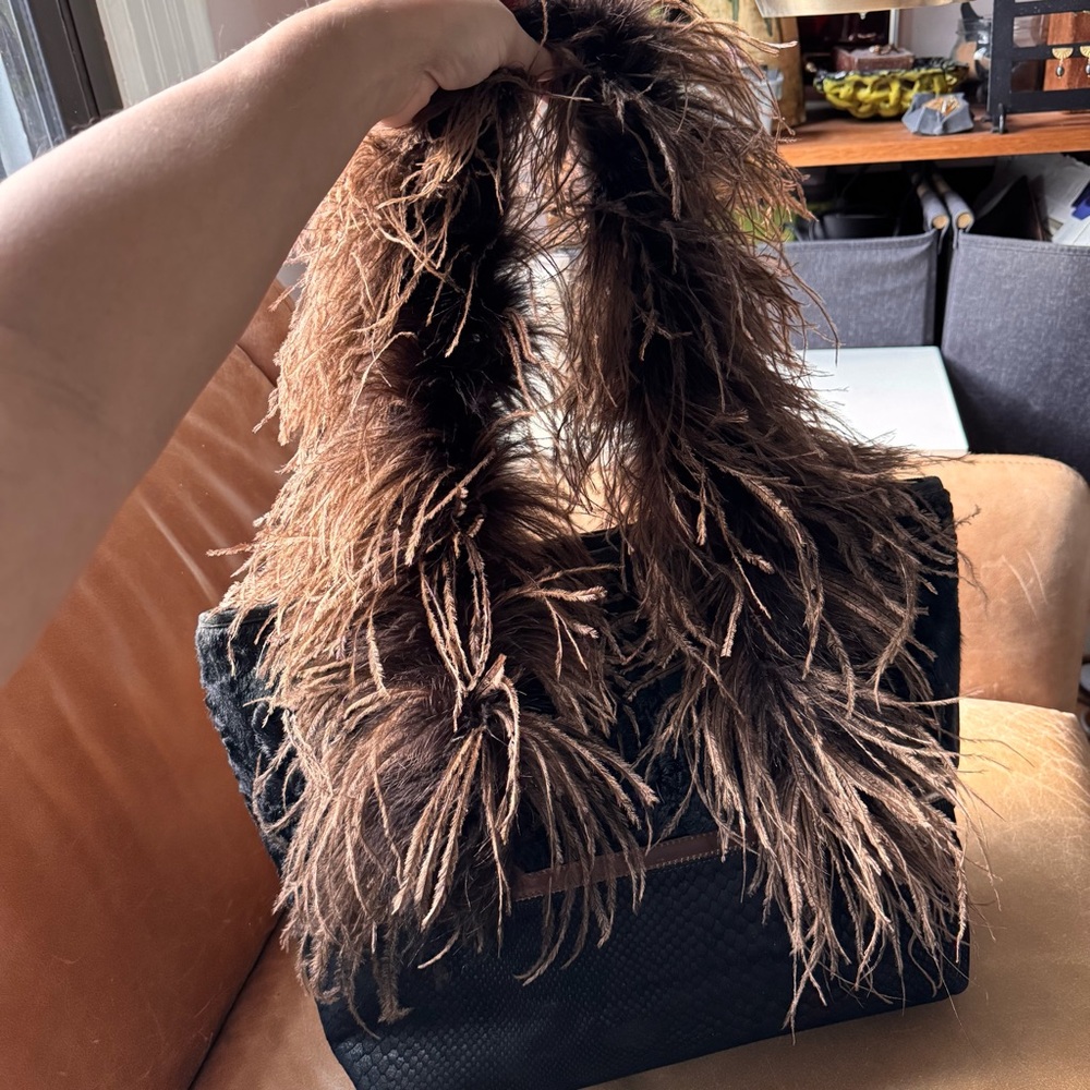 Ingrid Bruha leather fur feather leather suede black brown bag NYC Vintage - Picture 4 of 17